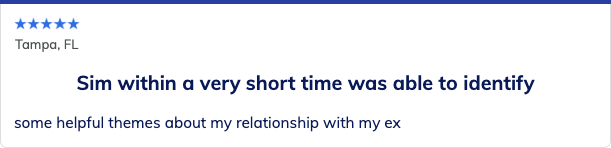 Five-star review: “Sim within a very short time was able to identify some helpful themes about my relationship with my ex.”
